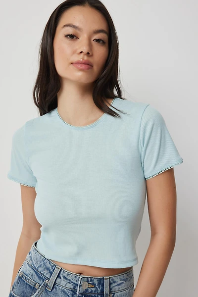 Ardene Crop Picot Trim T-Shirt in Light Blue | Size | Polyester/Spandex