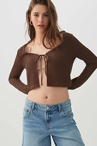 Ardene Crochet Knit Tie Front Cardigan in Brown | Size | Polyester