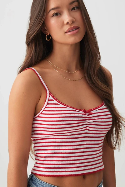 Ardene Striped Pointelle Crop Tank Top in Red | Size | 100% Cotton
