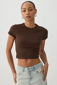 Ardene Basic Crop Cap Sleeve T-Shirt in Brown | Size 2XS | Cotton/Elastane