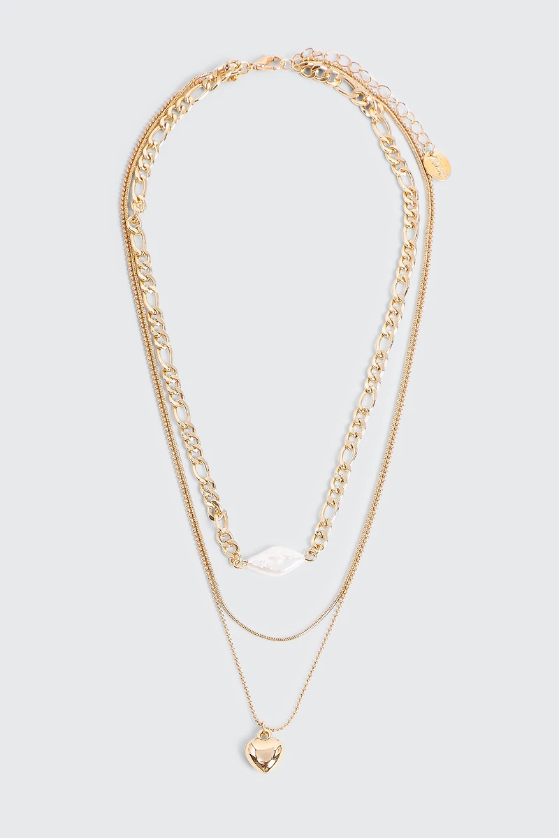 Ardene Three-Row Pearl & Heart Necklace in Gold