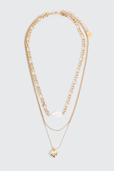 Ardene Three-Row Pearl & Heart Necklace in Gold
