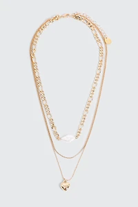 Ardene Three-Row Pearl & Heart Necklace in Gold
