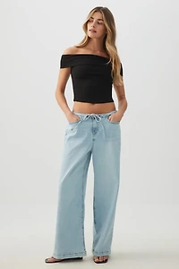 Ardene Low Rise Drawstring Wide Leg Jeans in Light Blue | Size | Polyester/Rayon/Spandex