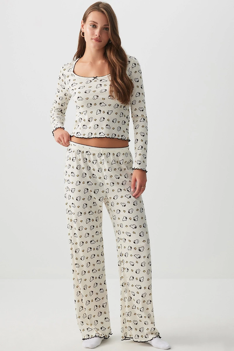 Ardene Pointelle Snoopy PJ Set in White | Size XS | Polyester/Spandex