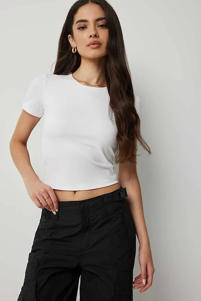 Ardene Butter Crop T-Shirt with Built-In Shelf Bra in White | Size Large | Nylon/Elastane