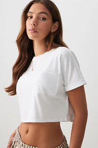 Ardene Basic Ultra Crop Boxy T-Shirt in White | Size Large | Cotton/Elastane | Eco-Conscious