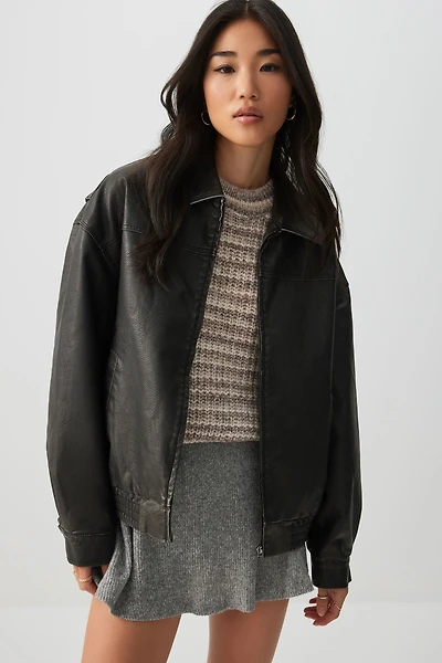 Ardene Short Faux Leather Bomber Jacket in Black | Size | Faux Leather/Polyester