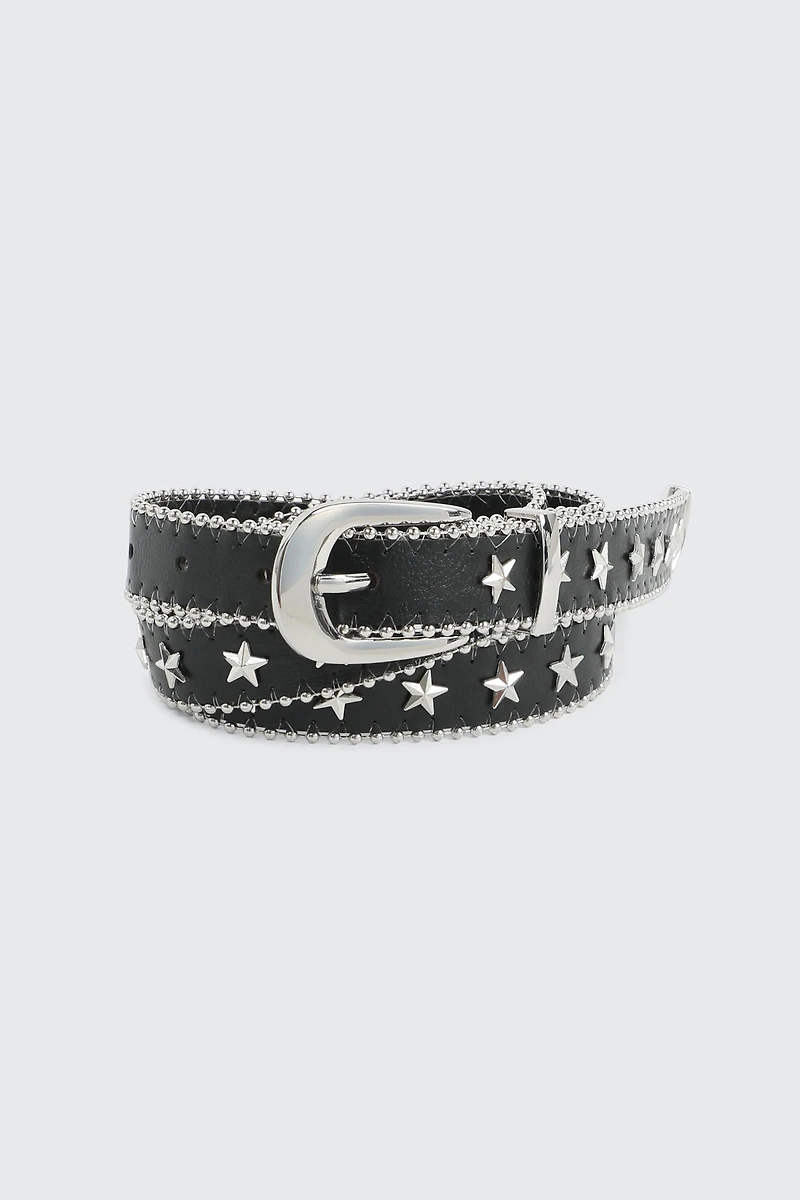 Ardene Studded Edge Belt with Stars in Black | Size | Faux Leather