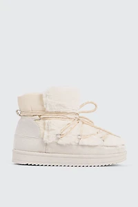 Ardene Laced Faux Sheepskin Boots in Beige | Size | Faux Suede