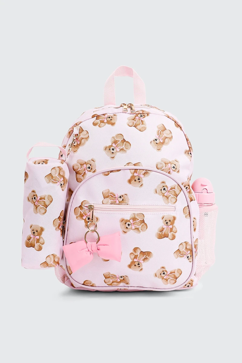 Ardene Kids 4-Piece Teddy Bear Print Backpack Set in Light Pink