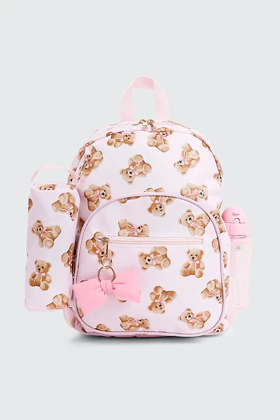 Ardene Kids 4-Piece Teddy Bear Print Backpack Set in Light Pink