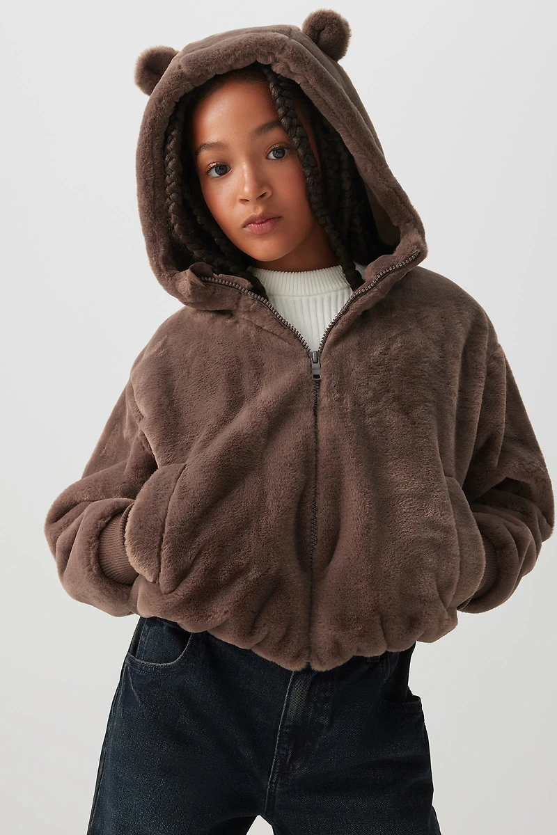 Ardene Kids Faux Fur Teddy Bear Jacket in Brown | Size | Polyester