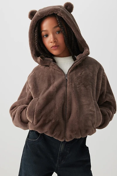 Ardene Kids Faux Fur Teddy Bear Jacket in Brown | Size | Polyester