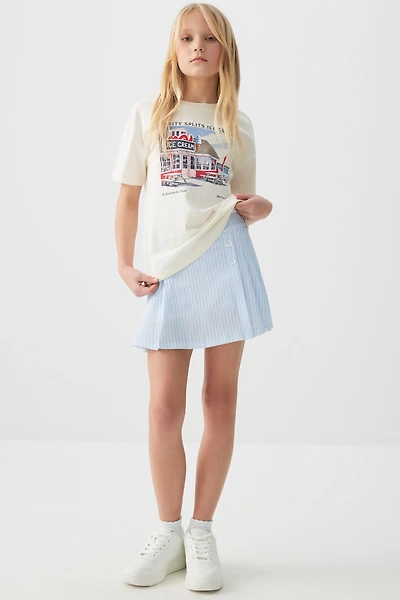 Ardene Kids Striped Pleated Skirt in Light Blue | Size | Polyester/Spandex