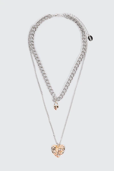 Ardene 2-Row Necklace with Heart Pendants in Silver