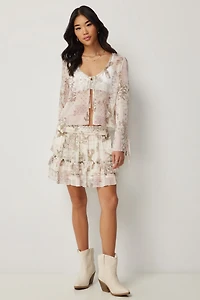 Ardene Floral Mini Tiered Skirt in Beige | Size | Polyester
