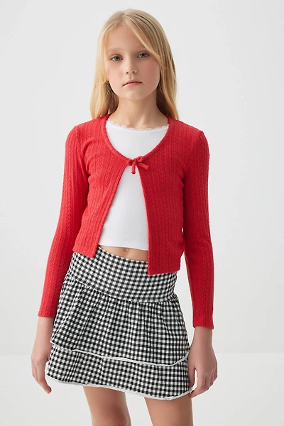 Ardene Kids V-Neck Cardigan with Bow Detail in Red | Size Large | Polyester/Nylon/Viscose