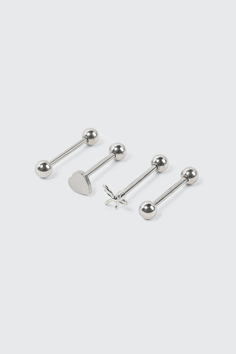 Ardene 4-Pack Bow & Heart Tongue Piercings in Silver