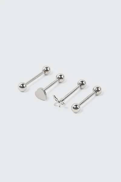Ardene 4-Pack Bow & Heart Tongue Piercings in Silver