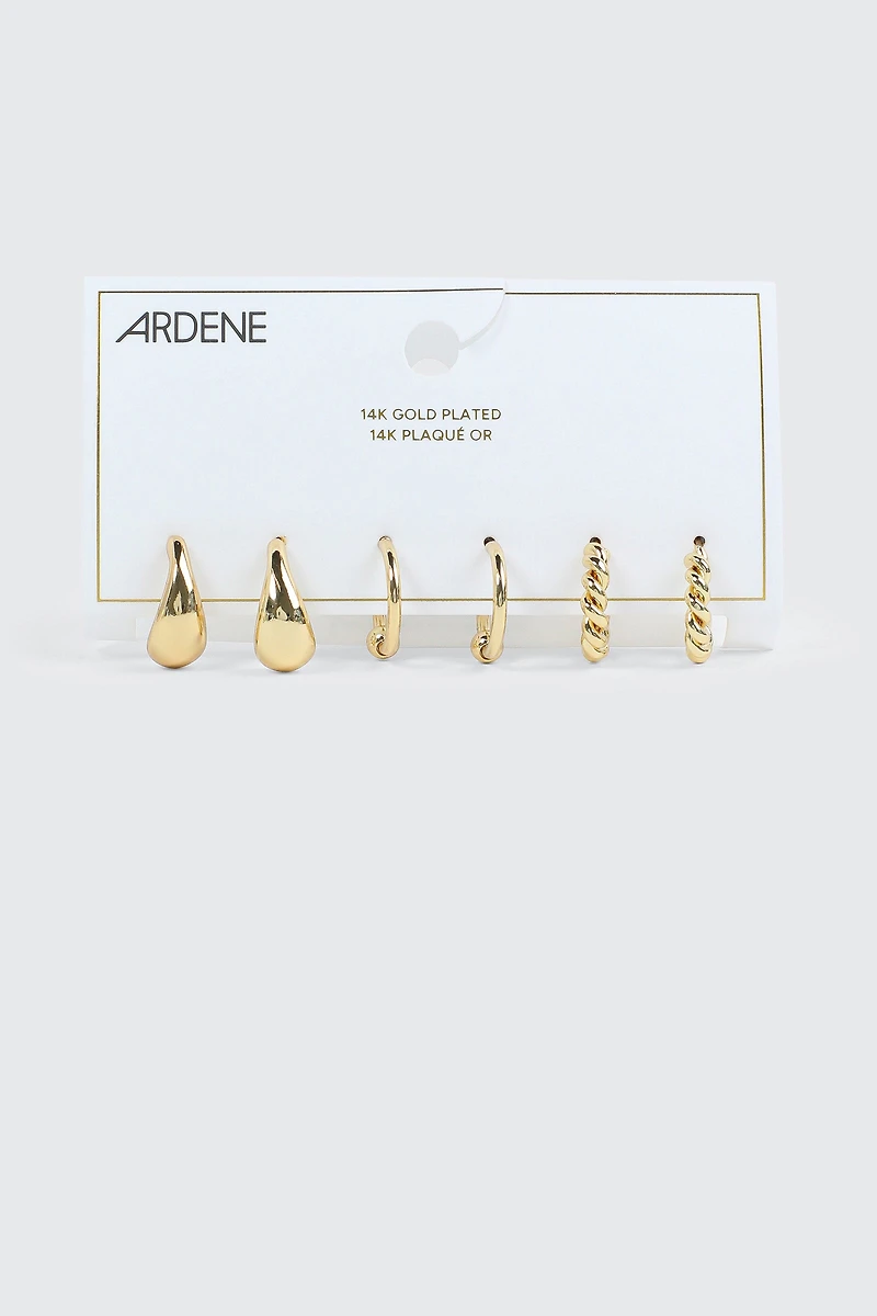 3 paires d'anneaux plaqués or 14K