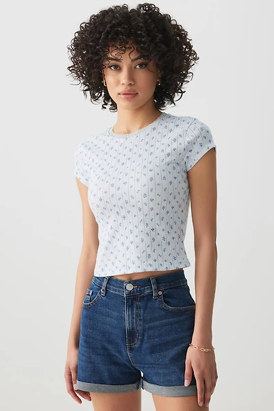 Ardene Printed Rib T-Shirt in Light Blue | Size | Polyester/Cotton/Elastane
