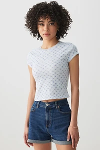 Ardene Printed Rib T-Shirt in Light Blue | Size | Polyester/Cotton/Elastane