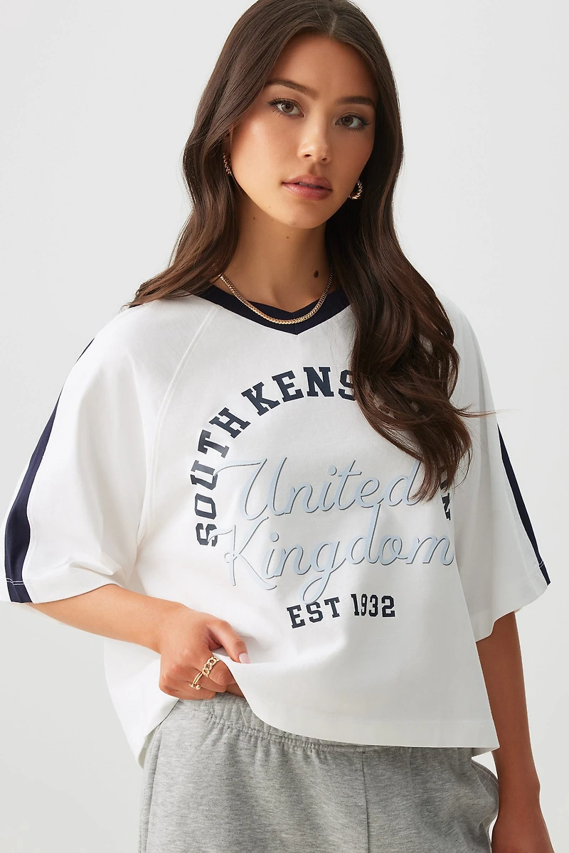 Ardene V-Neck Boxy Graphic T-Shirt in White | Size | 100% Cotton