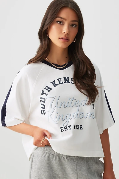 Ardene V-Neck Boxy Graphic T-Shirt in White | Size | 100% Cotton