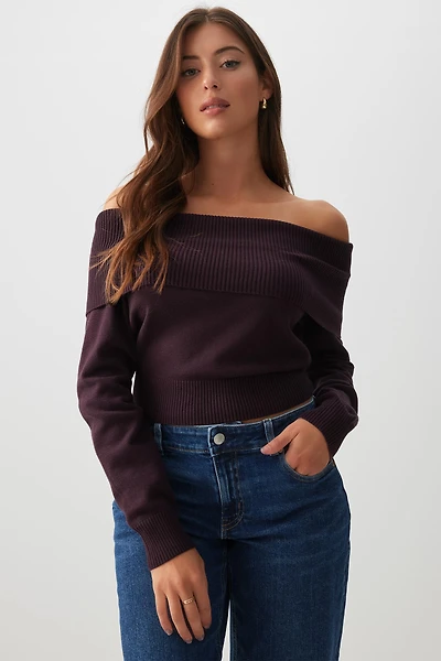 Ardene Off Shoulder Sweater in Dark Purple | Size | Polyester/Nylon/Viscose