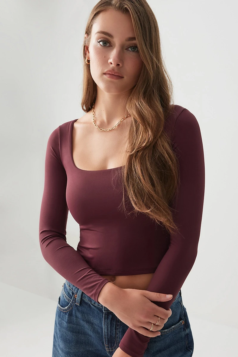 Ardene Contour Long Sleeve Scoop Neck T-Shirt in Burgundy | Size | Nylon/Elastane