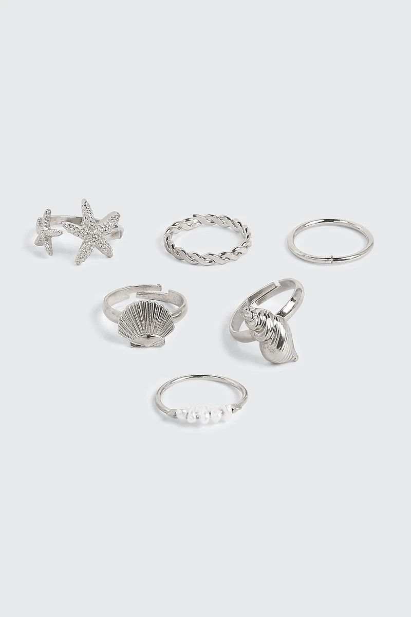 Ardene 6-Pack Assorted Sea Rings in Silver | Size Small