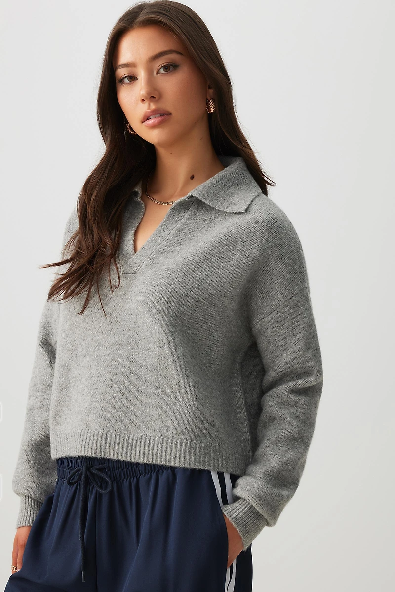 Ardene Moss Stitch Johnny Collar Sweater in Grey | Size | Polyester/Elastane | Eco-Conscious