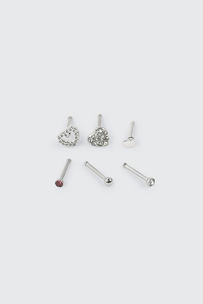 Ardene 6-Pack Heart Nose Studs in Silver