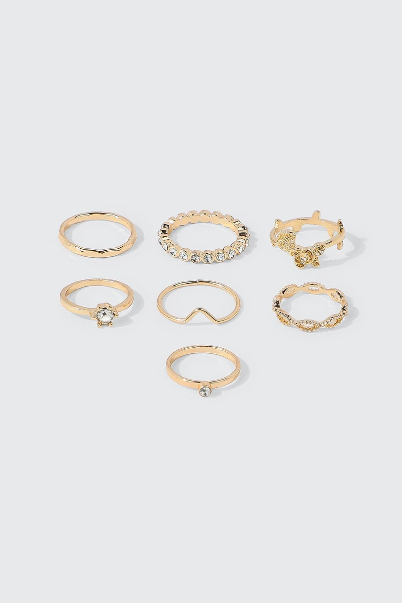Ardene 7-Pack Rose & Crystal Rings in Gold | Size Small