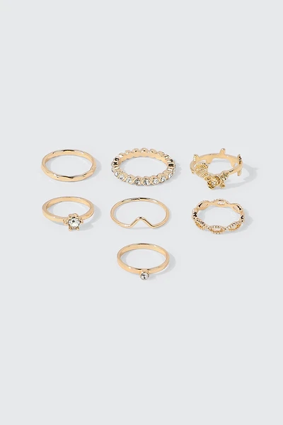 Ardene 7-Pack Rose & Crystal Rings in Gold | Size Small