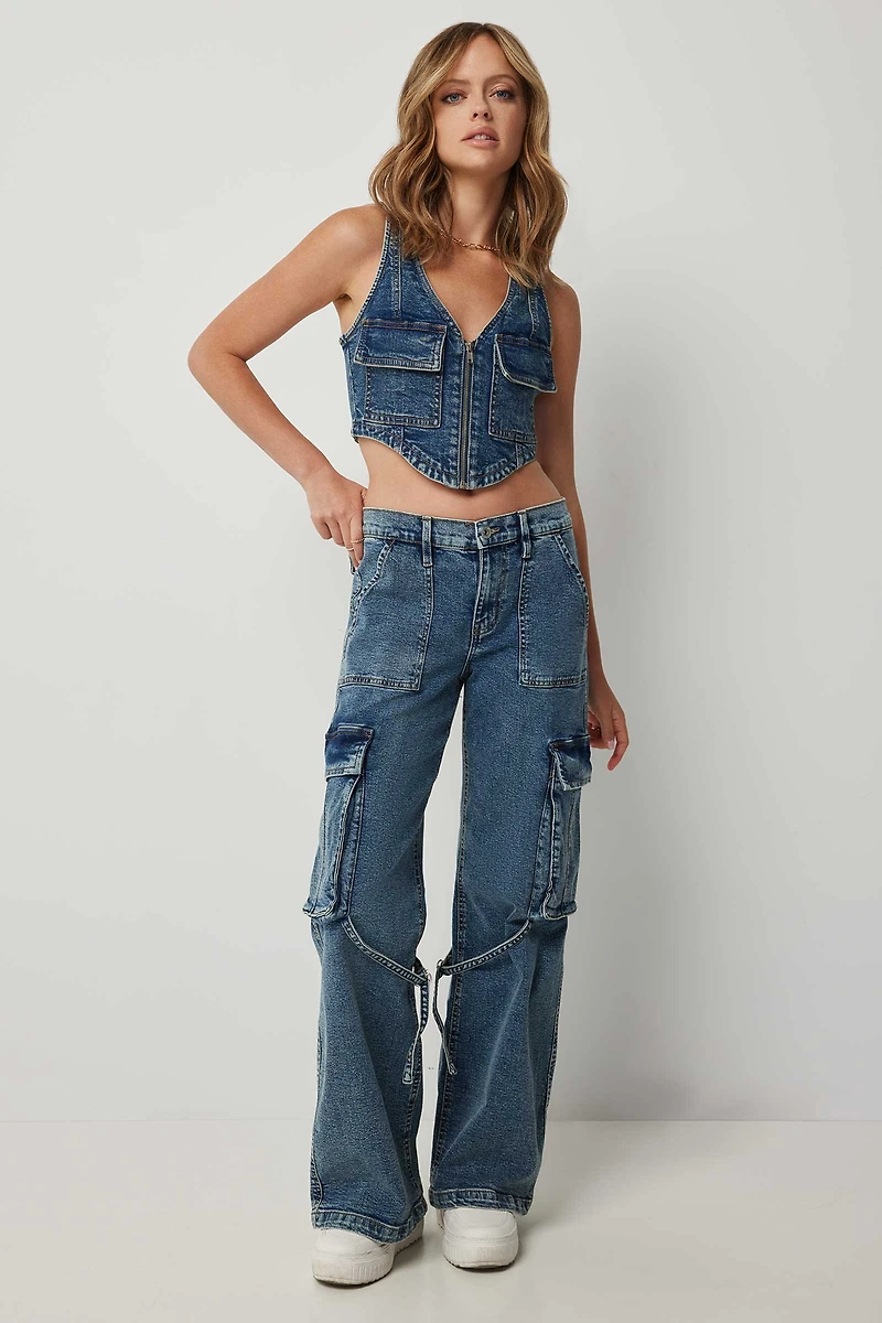 Ardene Low Rise Flare Cargo Jean in Dark Blue | Size | Spandex/Cotton