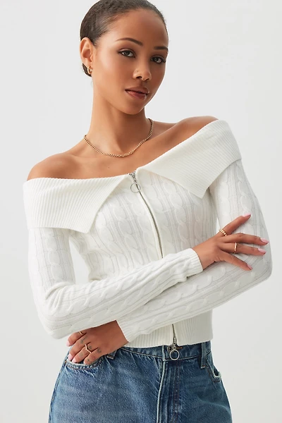 Ardene Off Shoulder Zip Up Sweater in Off-White | Size | Polyester/Nylon