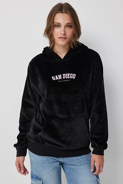 Ardene American City Faux Fur Hoodie in Black | Size | Polyester