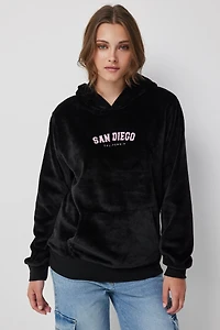 Ardene American City Faux Fur Hoodie in Black | Size XS | Polyester