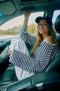 Ardene Striped Boat Neck Sweater in White | Size Small | Polyester