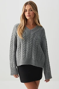 Ardene Cable Knit V-Neck Sweater in Grey | Size | Polyester | Eco-Conscious