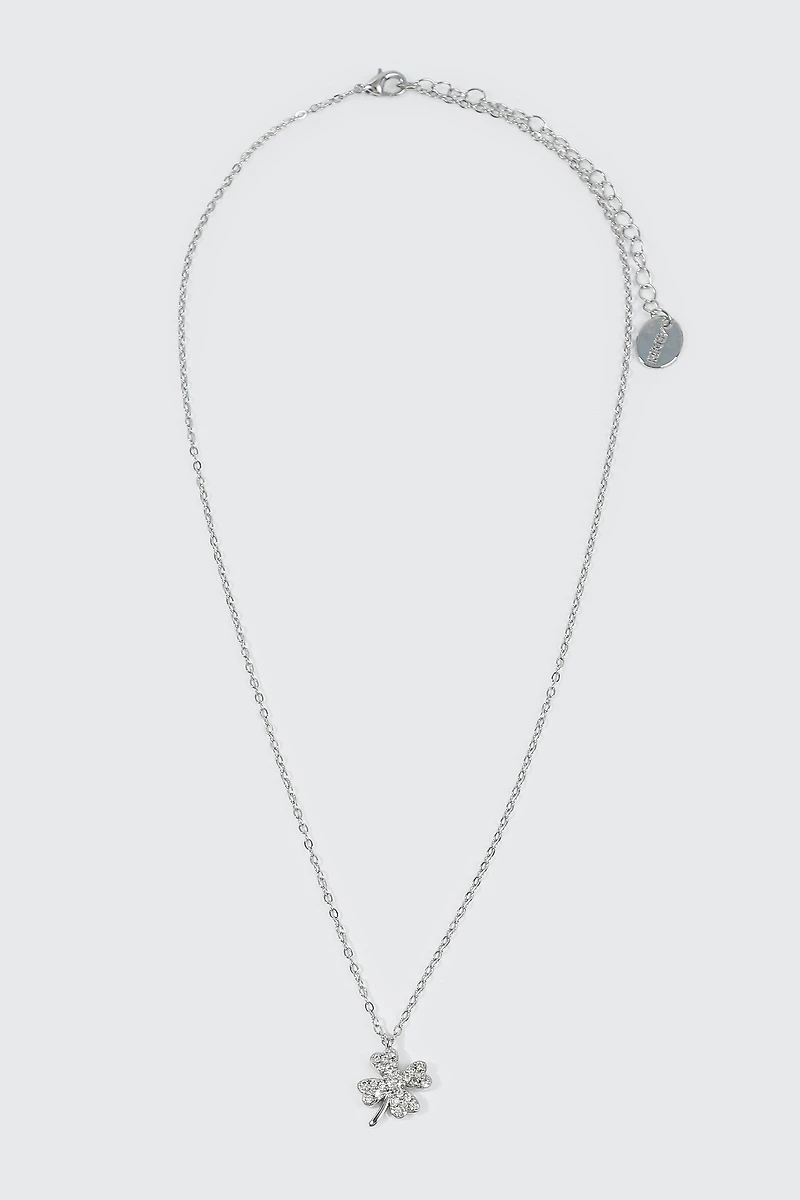 Collier plaqué or blanc 14K pendentif trèfle