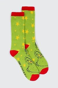 Ardene The Grinch Fuzzy Crew Socks in Green | Polyester/Elastane