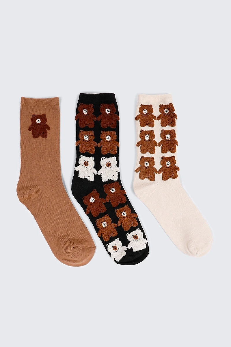 Ardene 3-Pack Fuzzy Teddy Bear Crew Socks in Cognac | Polyester/Spandex