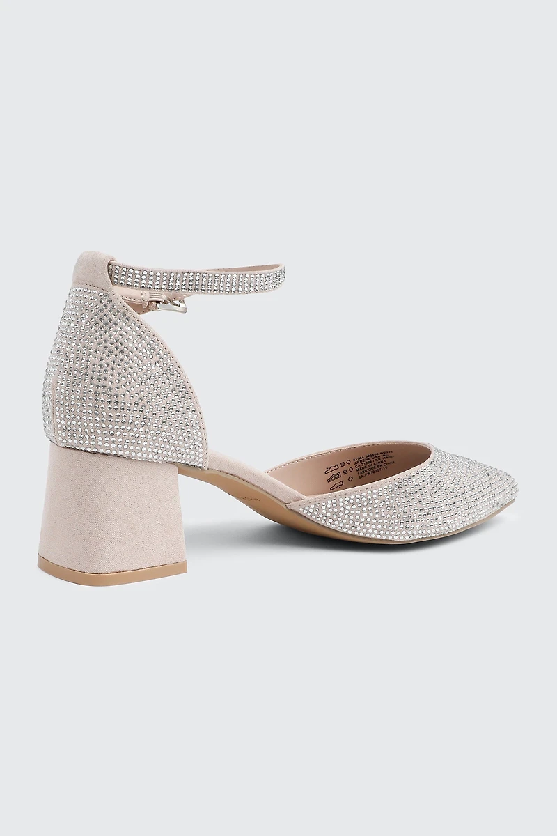 Escarpins à talon bloc ornés de pierres du Rhin