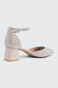 Escarpins à talon bloc ornés de pierres du Rhin