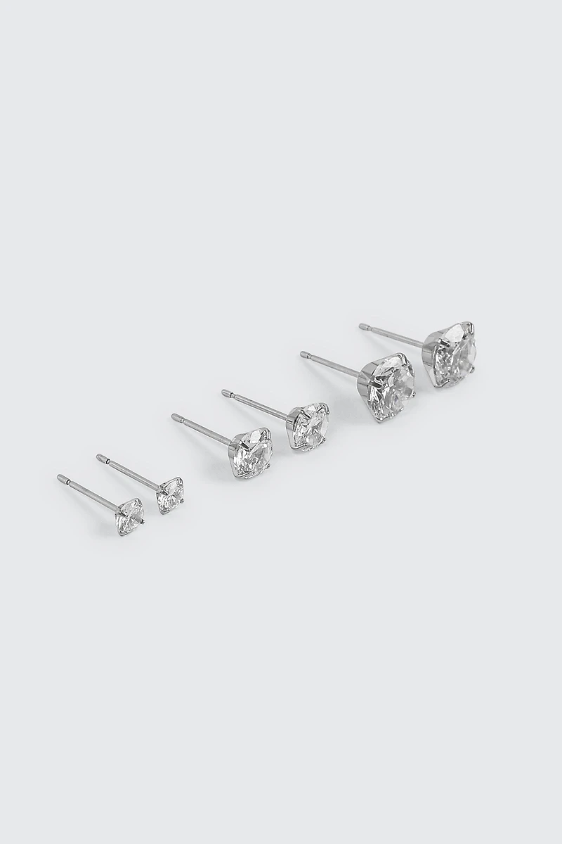 Ardene Man 3-Pack Round Cubic Zirconia Stud Earrings For Men in Silver | Stainless Steel