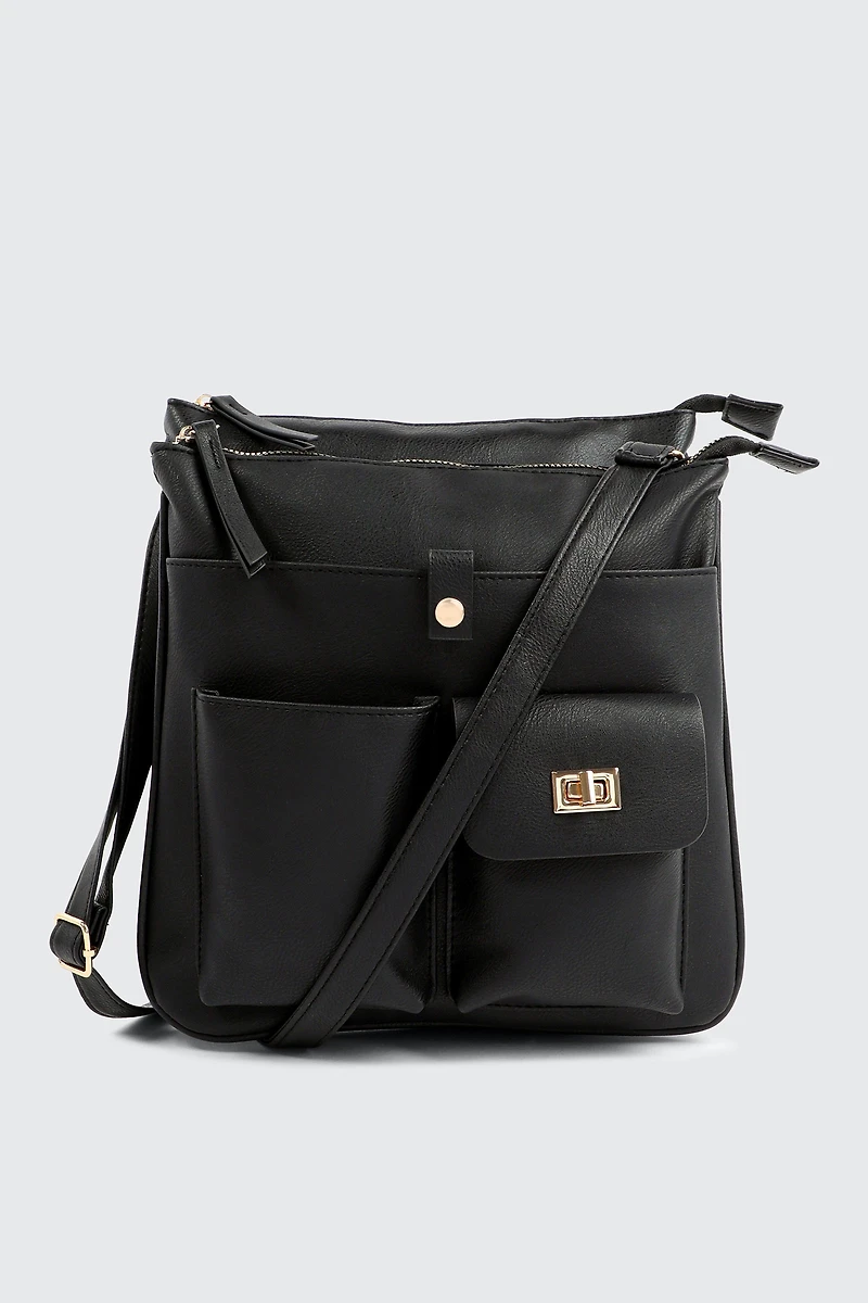 Ardene Multi Pocket Crossbody Bag in Black | Faux Leather/Polyester