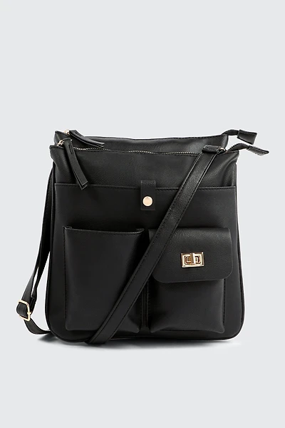 Ardene Multi Pocket Crossbody Bag in Black | Faux Leather/Polyester